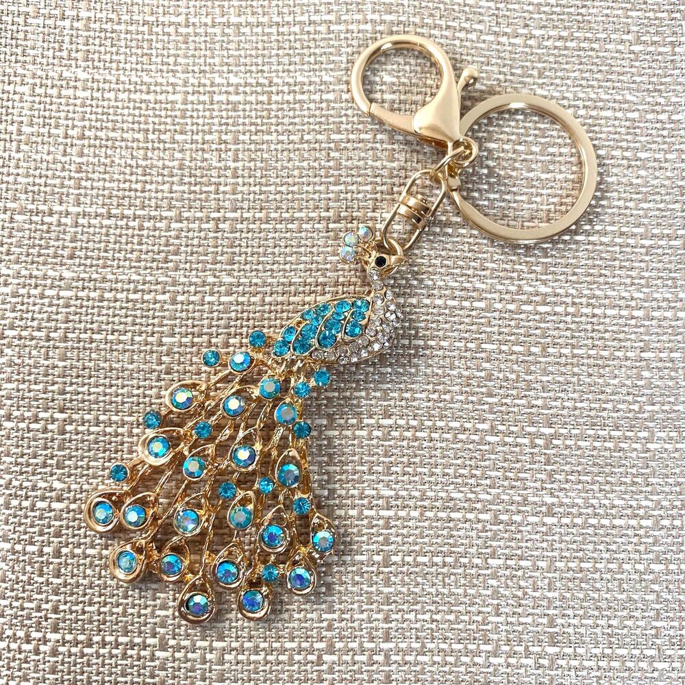 Peacock Rhinestone Charm Keychain Key Holder Multicolor Gold Tone Metal New - Picture 4 of 8